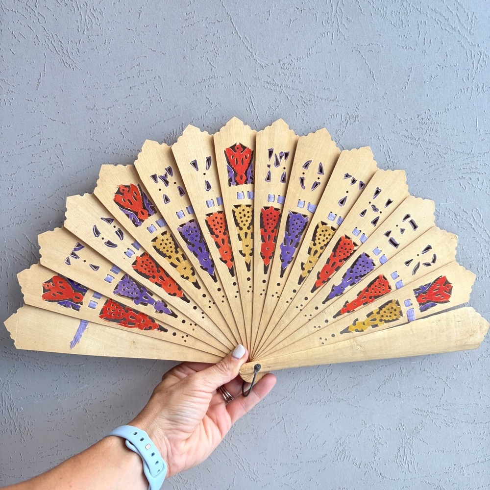 Vintage Hand Painted Wood Folding Fan Ornate Cutout Detail Red Purple Yellow 9in